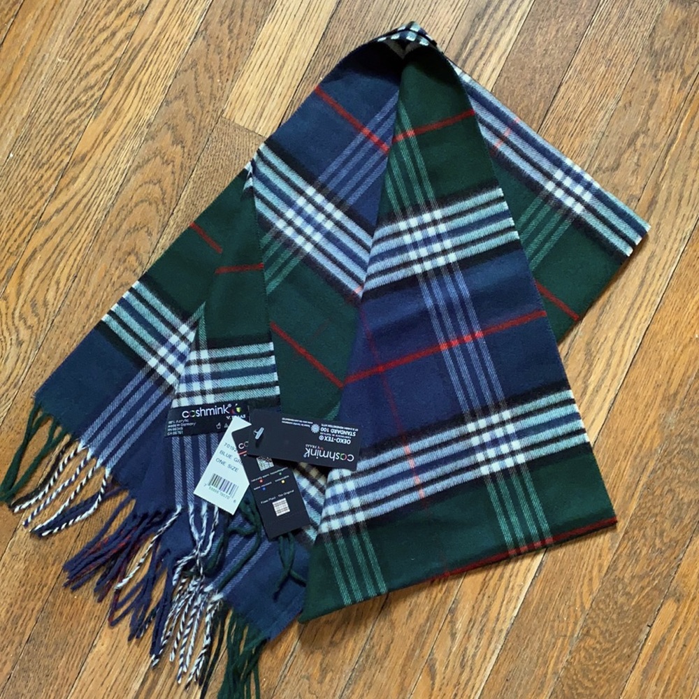Winter scarf Cashmink unisex green blue white red plaid with fringe.